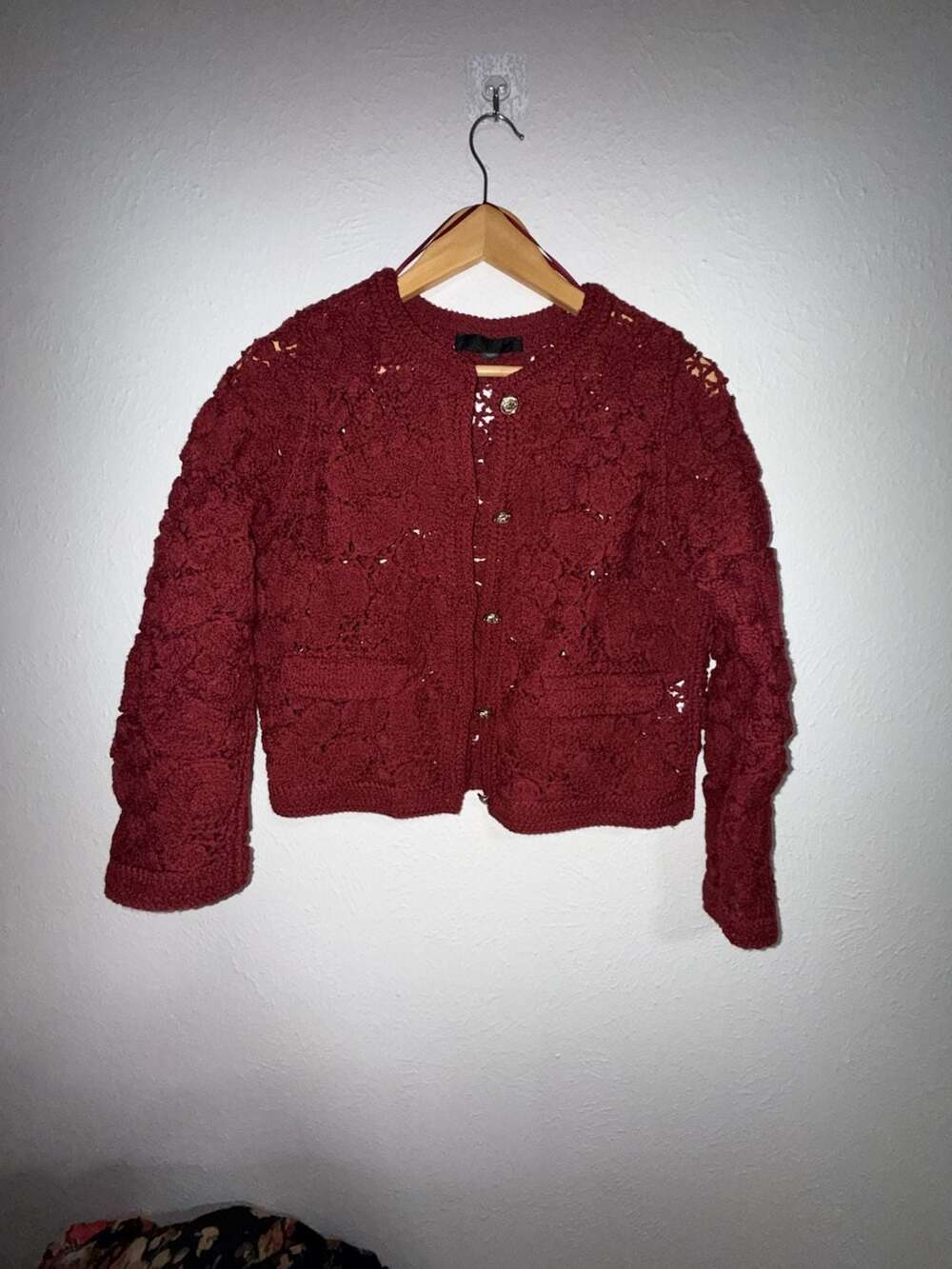 Zara Women's Burgundy Crochet Knit Button-Front Cardigan Size S